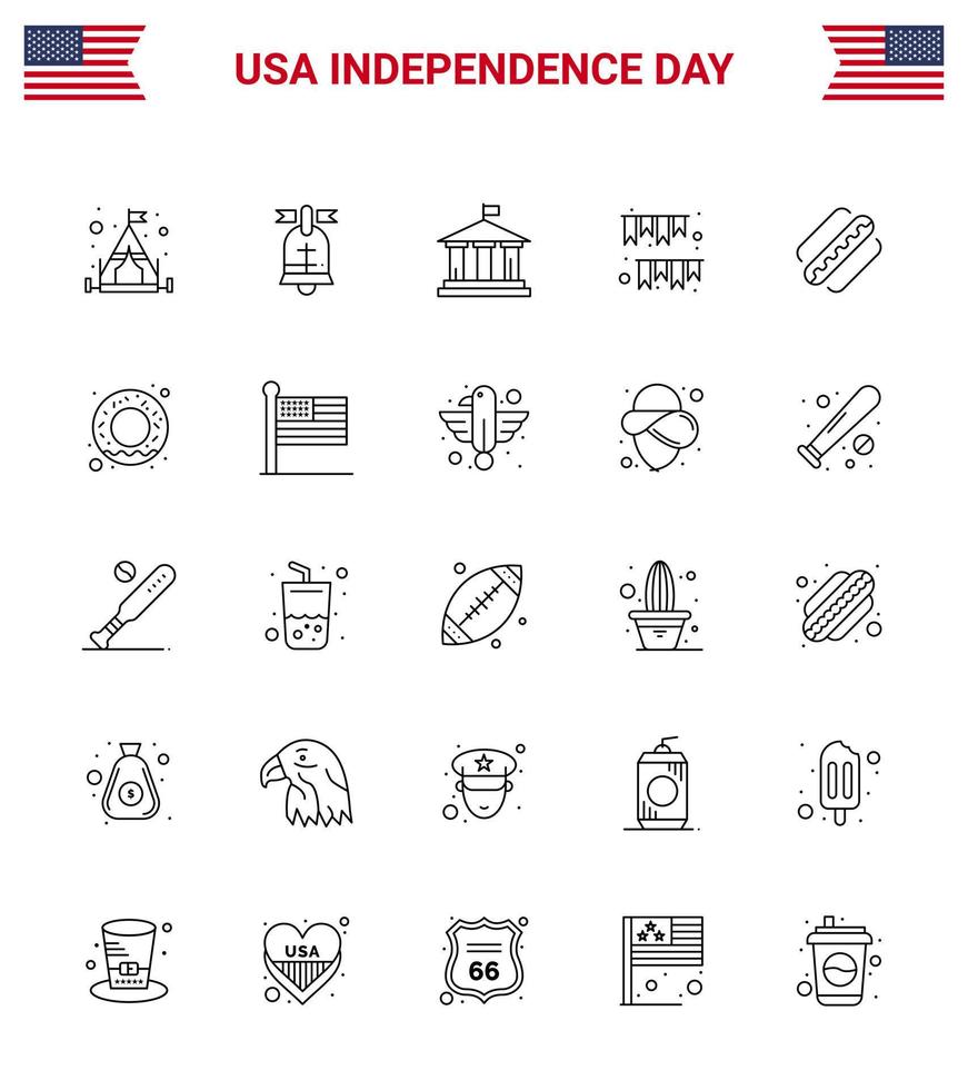 pack de 25 lignes de célébration de la fête de l'indépendance des états-unis et symboles du 4 juillet tels que la guirlande de décoration du drapeau américain vecteur