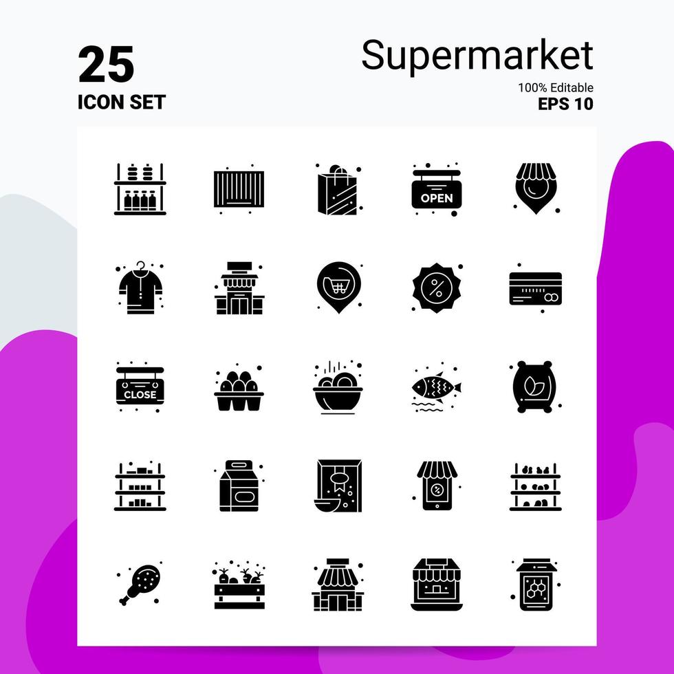 25 jeu d'icônes de supermarché 100 fichiers eps modifiables 10 idées de concept de logo d'entreprise conception d'icône de glyphe solide vecteur