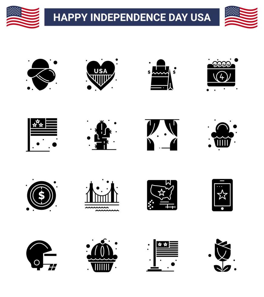 joyeux jour de l'indépendance pack de 16 signes et symboles de glyphes solides pour le jour du drapeau calendrier de jour de sac à main modifiable éléments de conception de vecteur de jour des états-unis