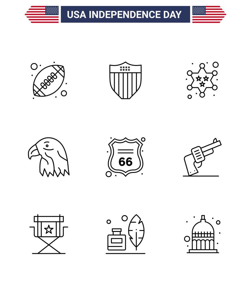 groupe de 9 lignes définies pour le jour de l'indépendance des états-unis d'amérique tels que le bouclier usa insigne aigle animal modifiable usa day vector design elements