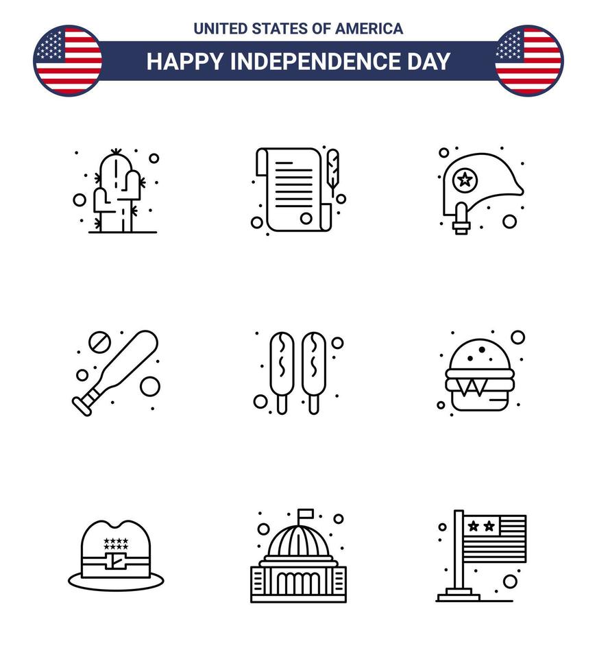 joyeux jour de l'indépendance 4 juillet ensemble de 9 lignes pictogramme américain de burger hot dog casque corn dog bat modifiable usa day vector design elements