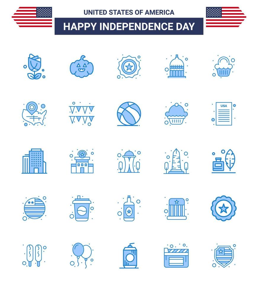 usa joyeux jour de l'indépendance ensemble de pictogrammes de 25 blues simples de gâteau sucré sécurité usa indianapolis modifiable usa day vector design elements