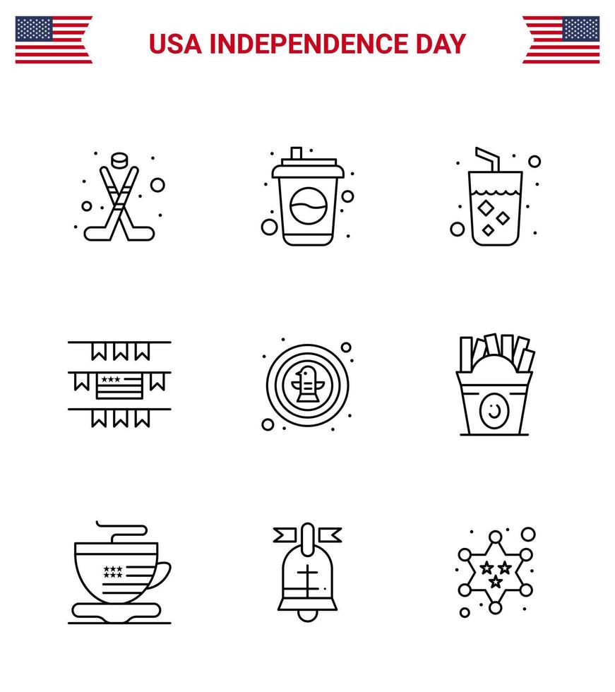 pack de 9 lignes de célébration de la fête de l'indépendance des états-unis et symboles du 4 juillet tels que la célébration de l'alcool américain bruants américains modifiables éléments de conception vectorielle de la journée des états-unis vecteur