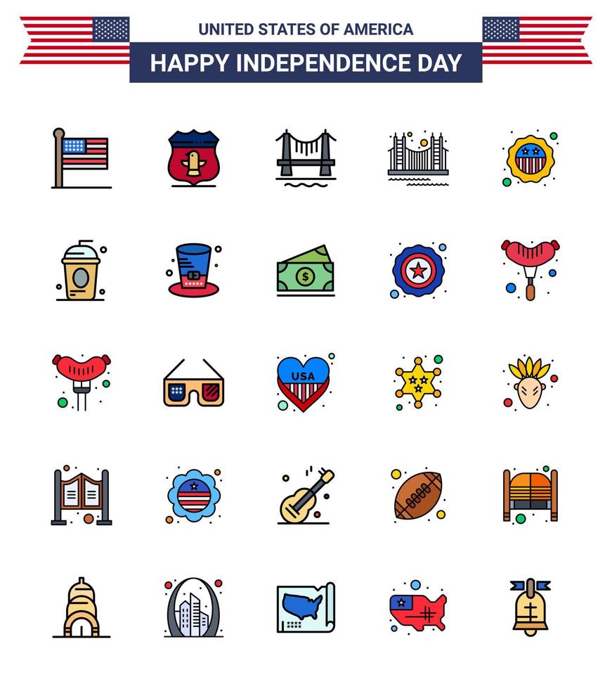 25 icônes créatives des États-Unis signes d'indépendance modernes et symboles du 4 juillet des États-Unis pont historique pont d'or éléments de conception vectoriels modifiables de la journée des États-Unis vecteur