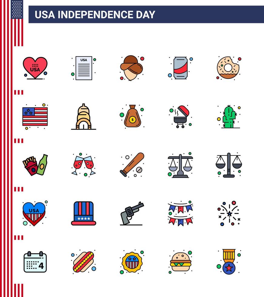 25 usa plat rempli ligne pack de signes et symboles de la fête de l'indépendance de la nourriture ronde cowboy donut soda modifiable usa day vector design elements