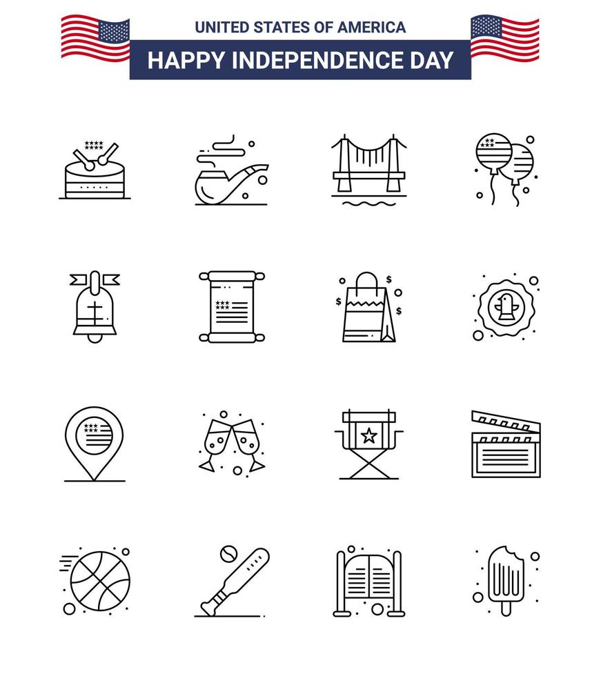 usa joyeux jour de l'indépendancepictogramme ensemble de 16 lignes simples d'american ball building american bloons modifiables usa day vector design elements