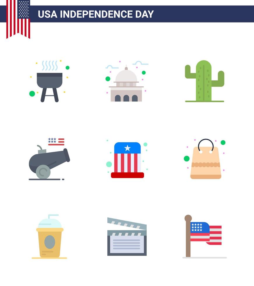 pack de 9 créatifs usa jour de l'indépendance appartements liés au divertissement mortier cactus obusier gros pistolet modifiable usa day vector design elements