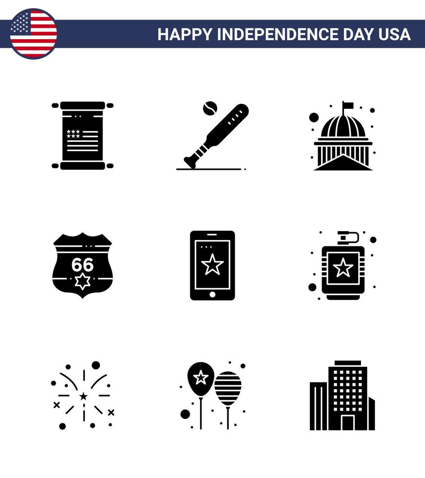 joyeux jour de l'indépendance 4 juillet ensemble de 9 glyphes solides pictogramme américain de bouclier de sécurité usa américain usa modifiable éléments de conception vectorielle usa day vecteur