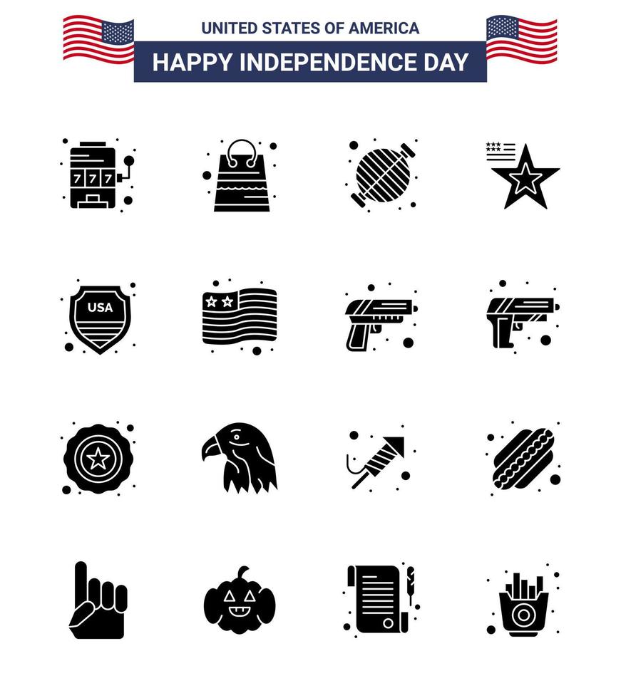 joyeux jour de l'indépendance 16 pack d'icônes de glyphes solides pour le web et l'impression drapeau de sécurité alimentaire fête américaine modifiable éléments de conception vectoriels usa day vecteur