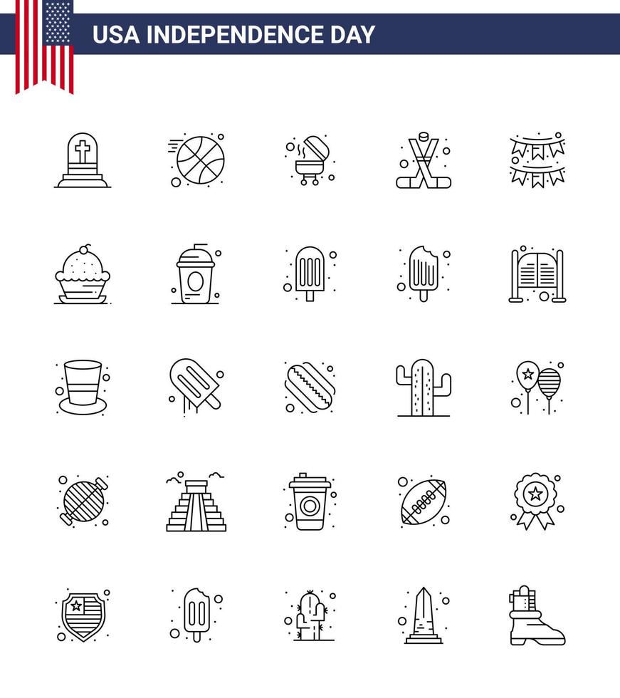 ensemble moderne de 25 lignes et symboles le jour de l'indépendance des états-unis tels que la décoration barbecue américain amérique sport éléments de conception vectoriels modifiables de la journée des états-unis vecteur