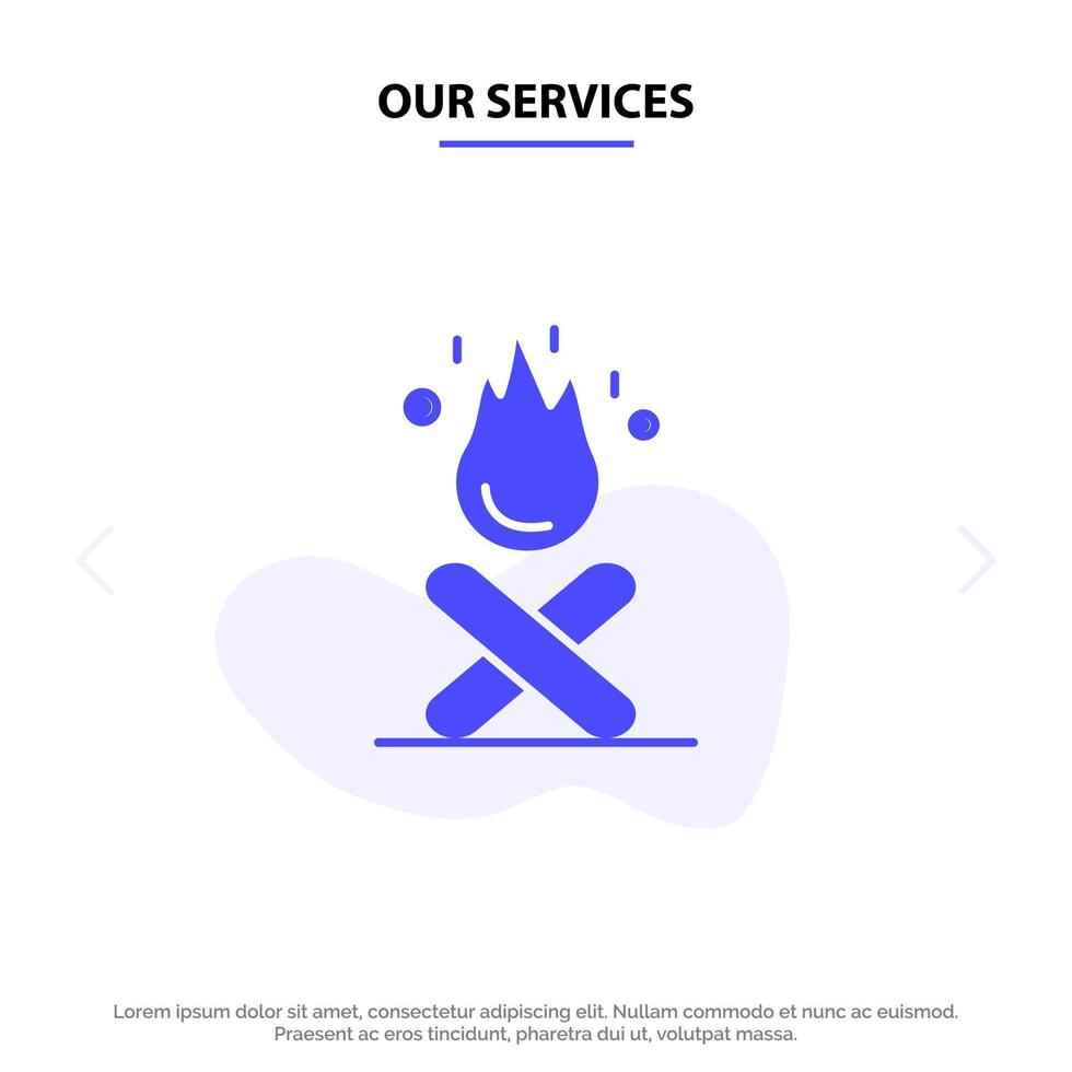nos services feu de camp feu de camping icône de glyphe solide modèle de carte web vecteur