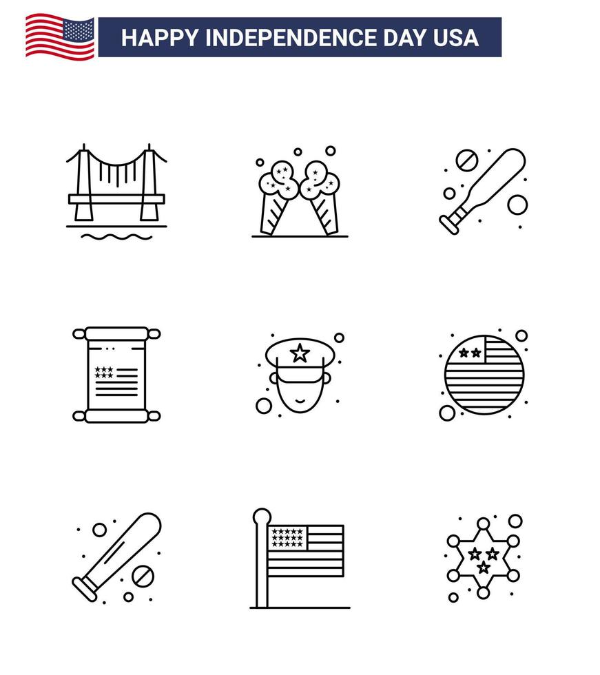 4 juillet usa joyeux jour de l'indépendance icône symboles groupe de 9 lignes modernes d'homme de police baseball usa texte modifiable usa day vector design elements