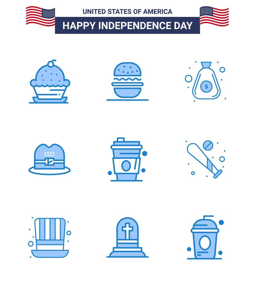 9 usa bleu signes fête de l'indépendance célébration symboles de boisson américain usa cap cash modifiable usa day vector design elements