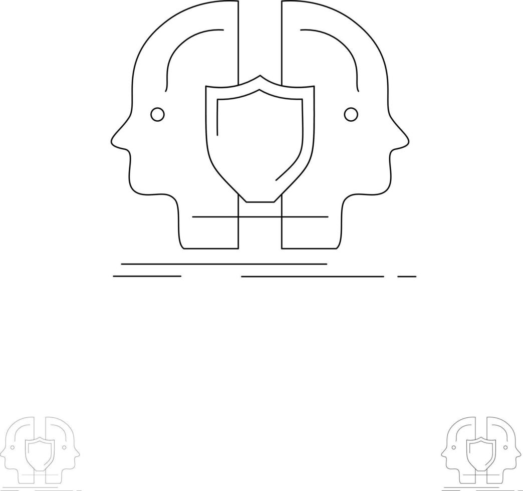 homme visage double bouclier d'identité jeu d'icônes de ligne noire audacieuse et mince vecteur