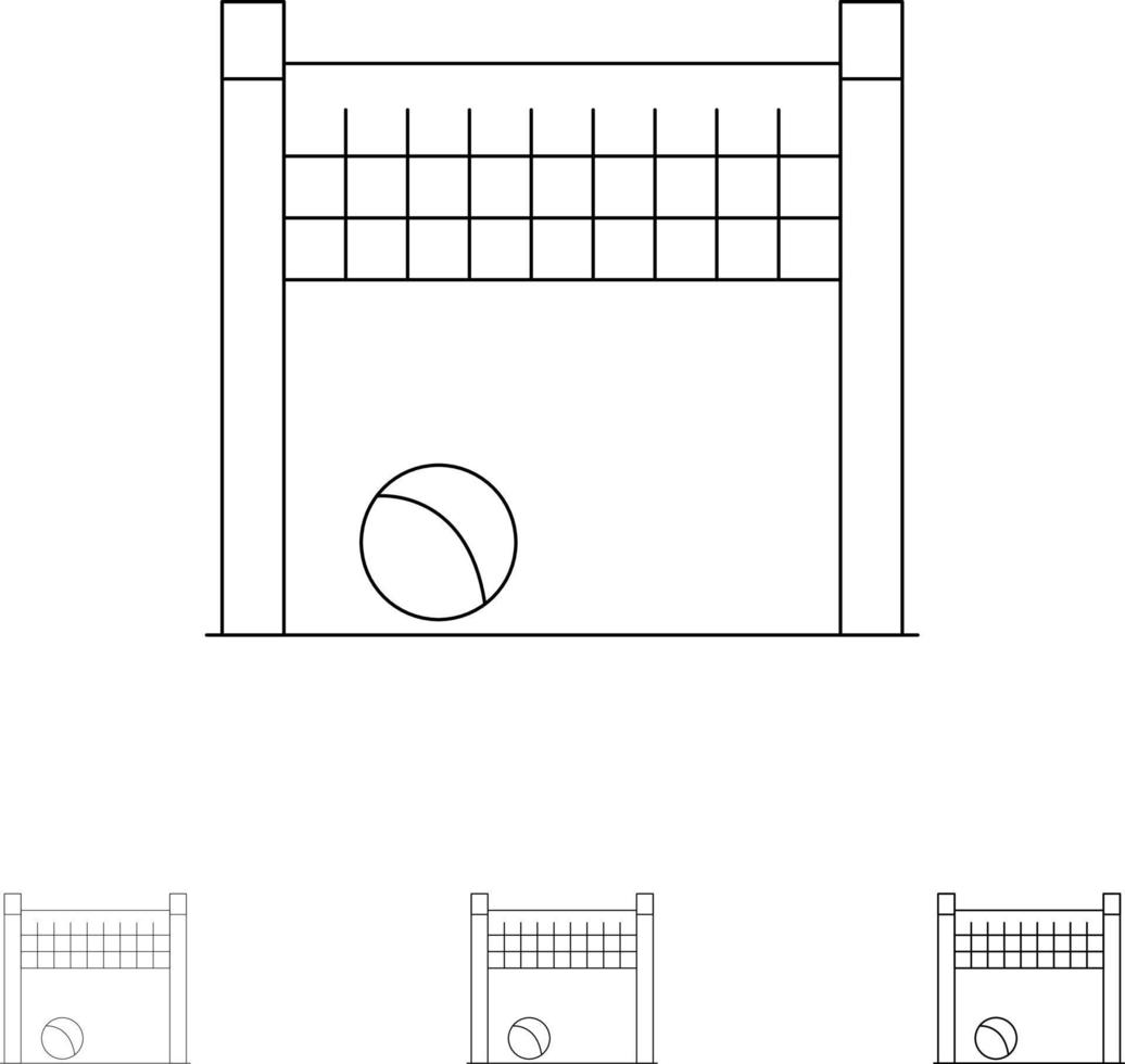 filet de but de jeu volley-ball jeu d'icônes de ligne noire audacieuse et mince vecteur