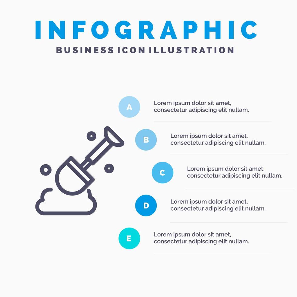 icône de ligne d'outil de pelle de construction avec fond d'infographie de présentation en 5 étapes vecteur