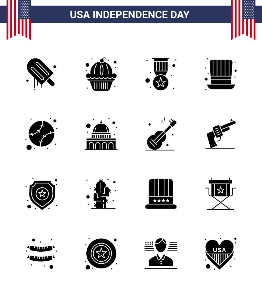 ensemble de 16 pack de glyphes solides modernes le jour de l'indépendance des états-unis baseball usa award presidents day modifiable usa day vector design elements