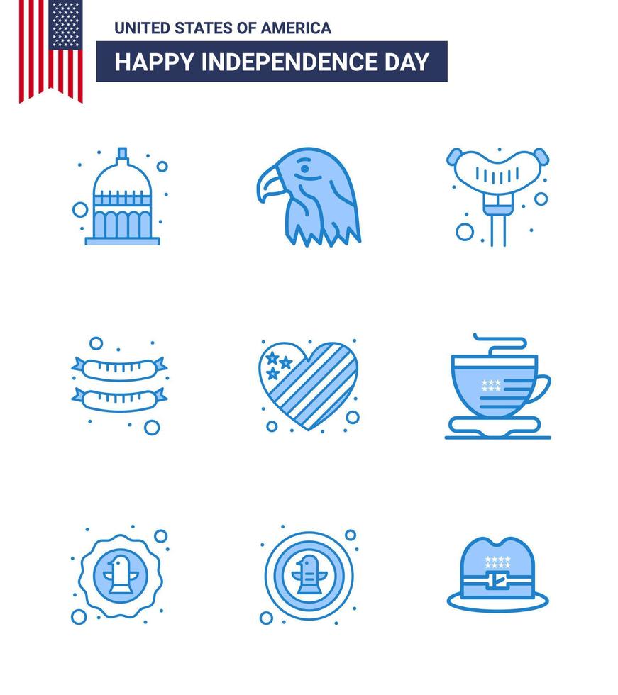 4 juillet usa joyeux jour de l'indépendance icône symboles groupe de 9 blues moderne de café thé nourriture amour drapeau modifiable usa day vector design elements