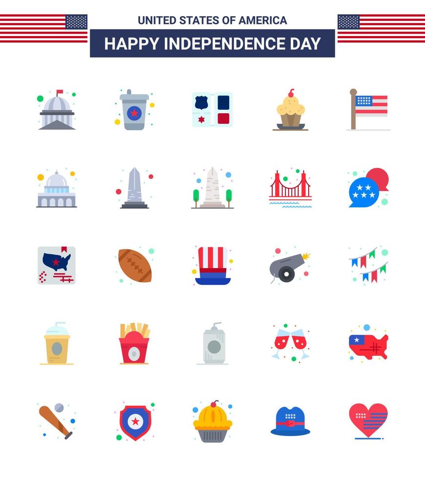 fête de l'indépendance des états-unis ensemble plat de 25 pictogrammes des états-unis de drapeau doux livre muffin gâteau modifiable éléments de conception de vecteur de jour des états-unis