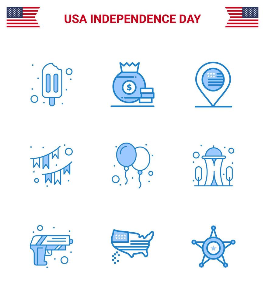 usa joyeux jour de l'indépendance ensemble de pictogrammes de 9 blues simples de célébrer l'emplacement de la guirlande banderoles de fête modifiables éléments de conception vectorielle de la journée des états-unis vecteur