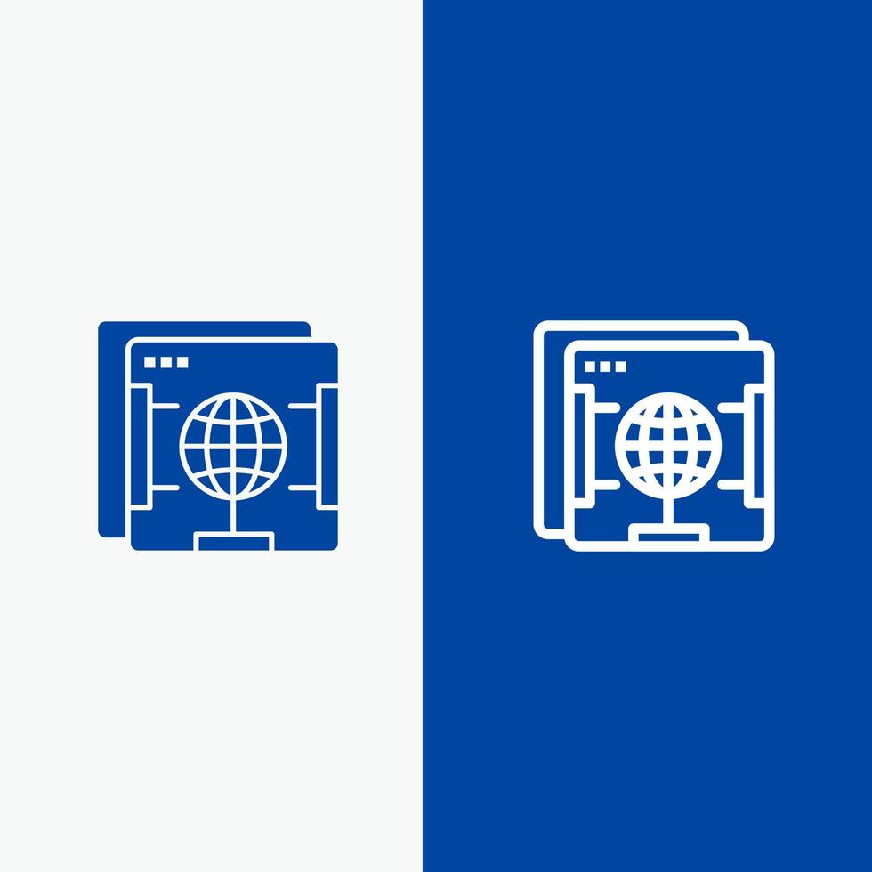 ligne de globe web internet navigateur et bannière bleue icône solide glyphe vecteur