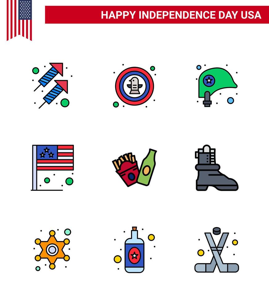 paquet de ligne remplie à plat de 9 symboles de la fête de l'indépendance des états-unis de l'insigne du drapeau de la bouteille pays star éléments de conception vectoriels modifiables de la journée des états-unis vecteur