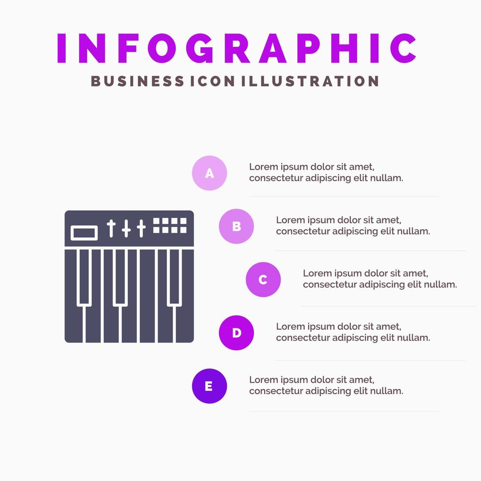 contrôleur matériel clavier midi musique solide icône infographie 5 étapes présentation arrière-plan vecteur