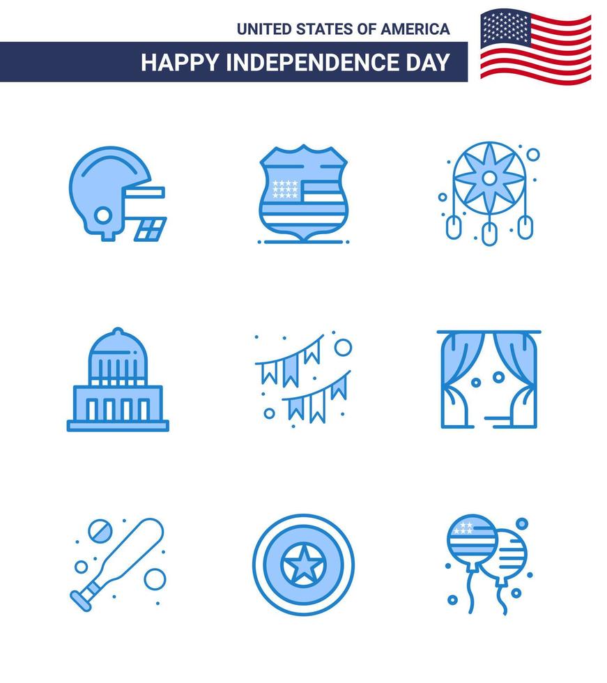 joyeux jour de l'indépendance 9 pack d'icônes blues pour le web et la décoration d'impression décoration américaine usa city modifiable usa day vector design elements