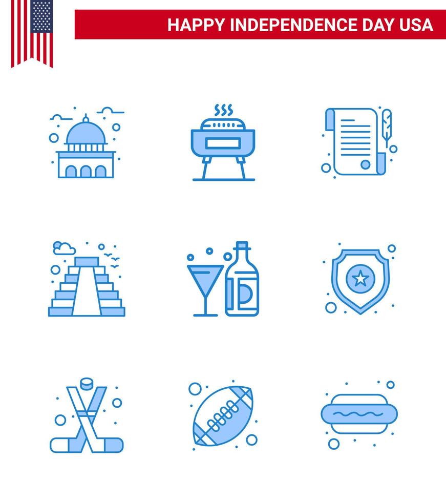 pack bleu de 9 symboles de la fête de l'indépendance des états-unis du vin usa vacances point de repère américain modifiable usa day vector design elements