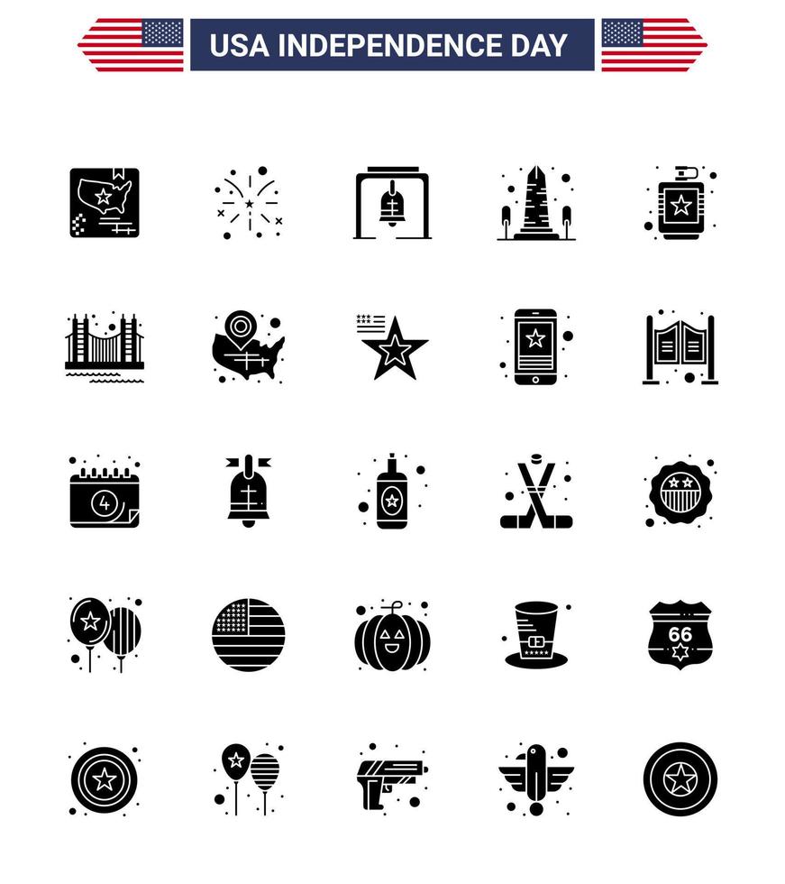 25 usa pack de glyphes solides de signes et symboles de la fête de l'indépendance des états-unis alcooliques alerte vue repère modifiable usa day vector design elements