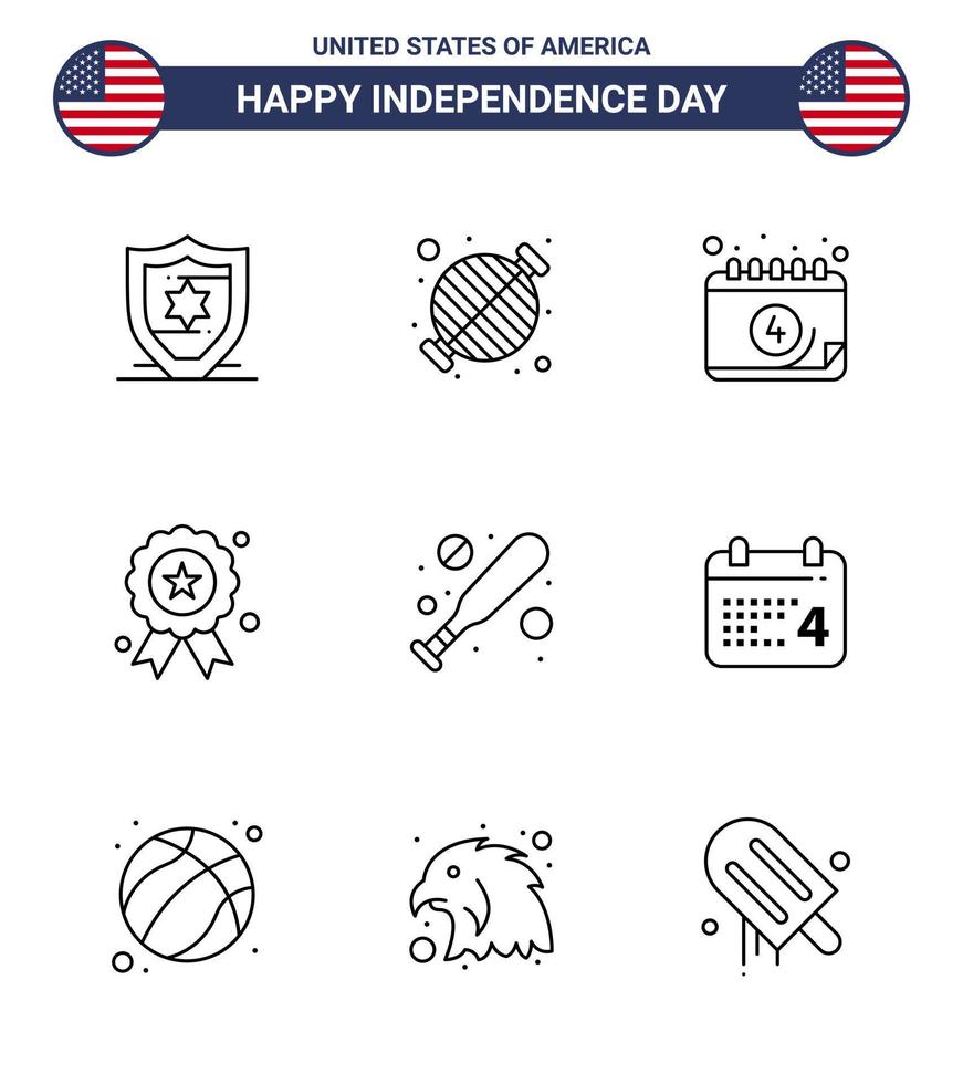 joyeux jour de l'indépendance pack de 9 lignes signes et symboles pour la médaille de chauve-souris fête de l'indépendance américaine vacances modifiables éléments de conception de vecteur usa day