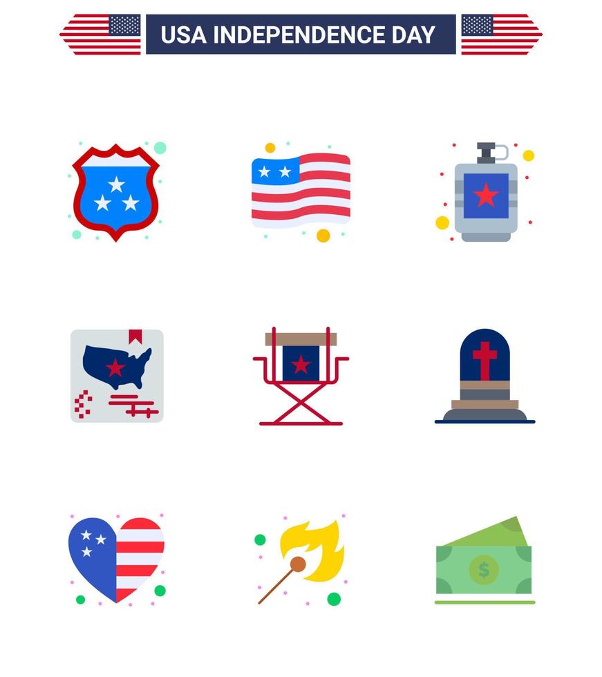 ensemble de 9 icônes de la journée des états-unis symboles américains signes de la fête de l'indépendance pour le réalisateur carte des boissons du monde américain modifiable éléments de conception de vecteur de la journée des états-unis