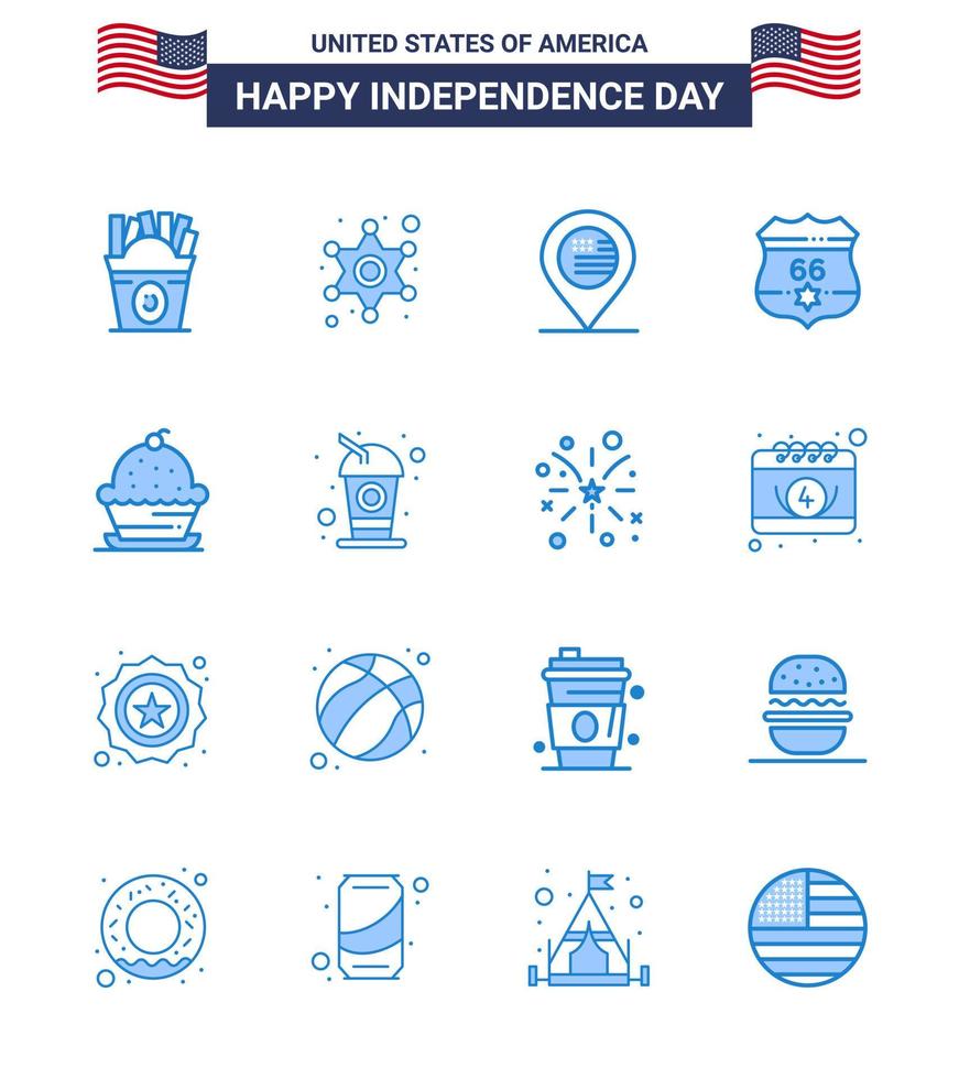 joyeux jour de l'indépendance 4 juillet ensemble de 16 blues pictogramme américain de dessert sécurité américain usa américain modifiable usa day vector design elements