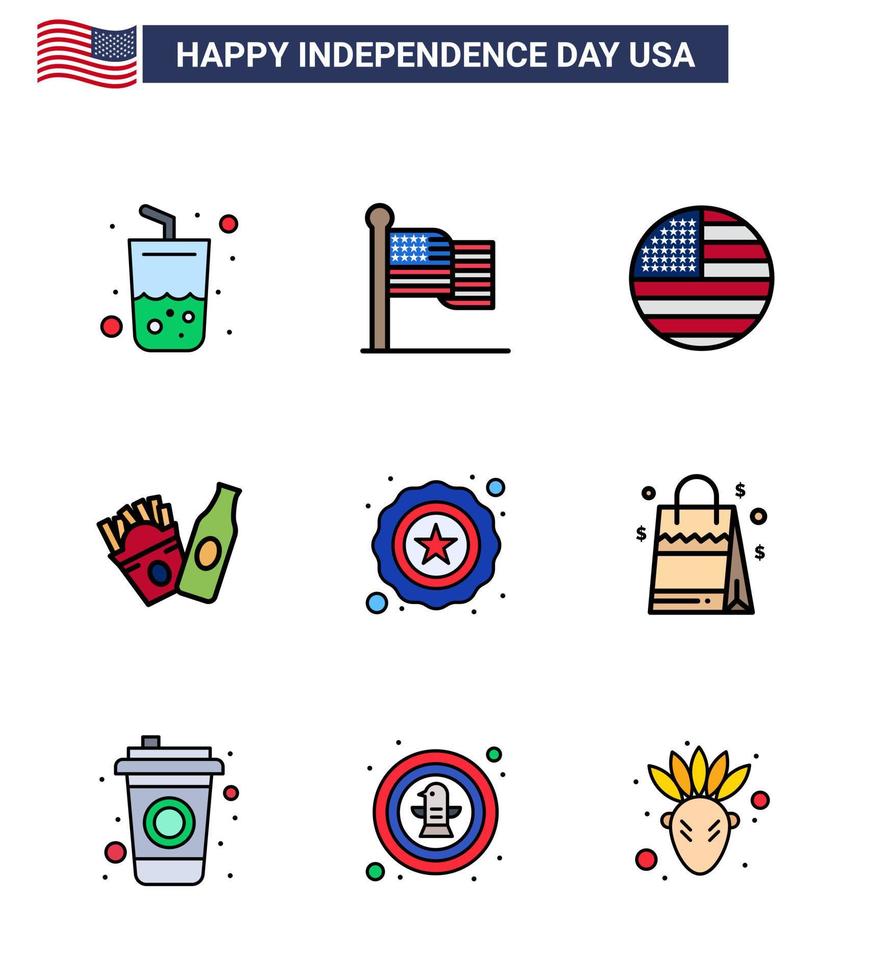 groupe de 9 lignes remplies à plat définies pour le jour de l'indépendance des états-unis d'amérique tels que sac à main américain bouteille sac star modifiable usa day vector design elements