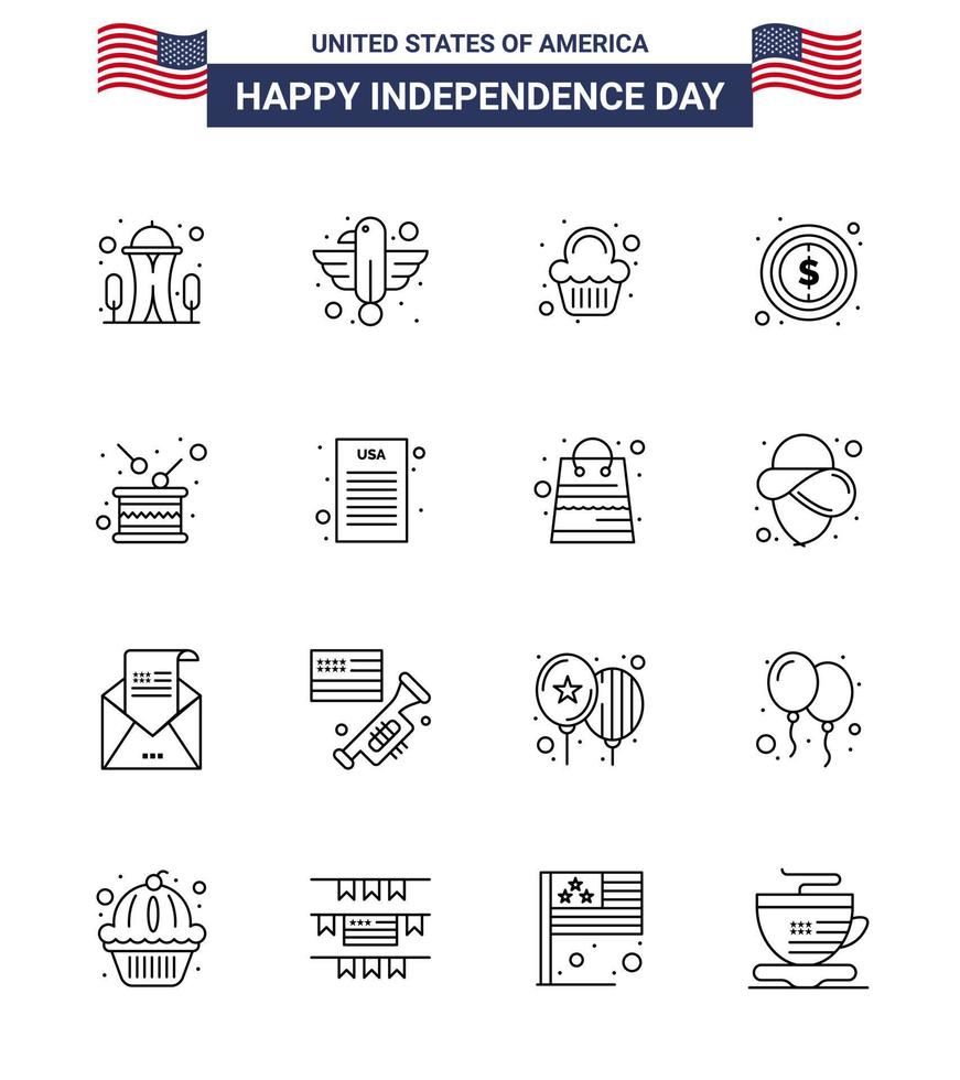 joyeux jour de l'indépendance 4 juillet ensemble de 16 lignes pictogramme américain du jour dollar état argent célébration modifiable usa day vector design elements