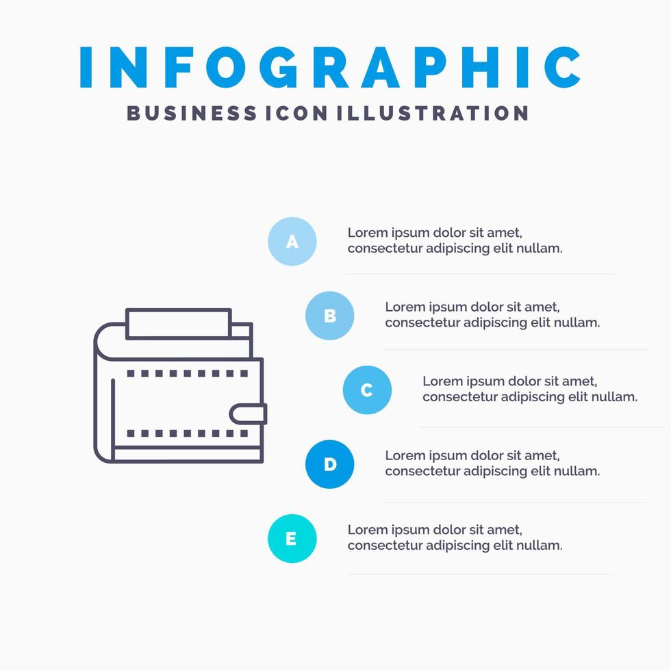 portefeuille trésorerie argent argent sac à main personnel ligne icône avec 5 étapes présentation infographie fond vecteur