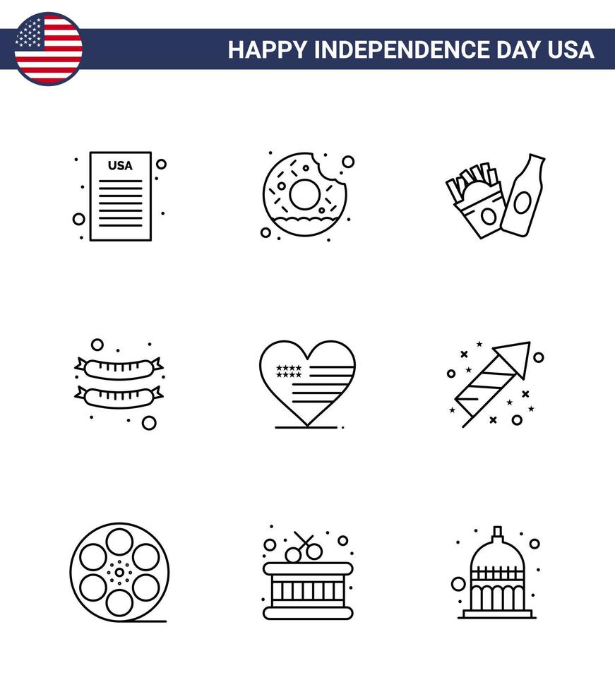 4 juillet usa joyeux jour de l'indépendance icône symboles groupe de 9 lignes modernes de célébration american frise amour saucisse modifiable usa day vector design elements