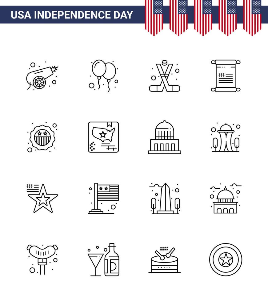 joyeux jour de l'indépendance usa pack de 16 lignes créatives de texte de hockey américain américain amérique modifiable usa day vector design elements