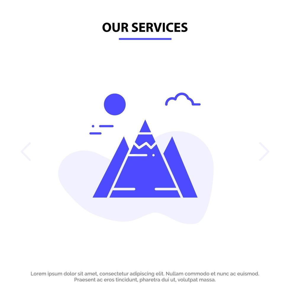 nos services paysage montagne soleil solide glyphe icône modèle de carte web vecteur