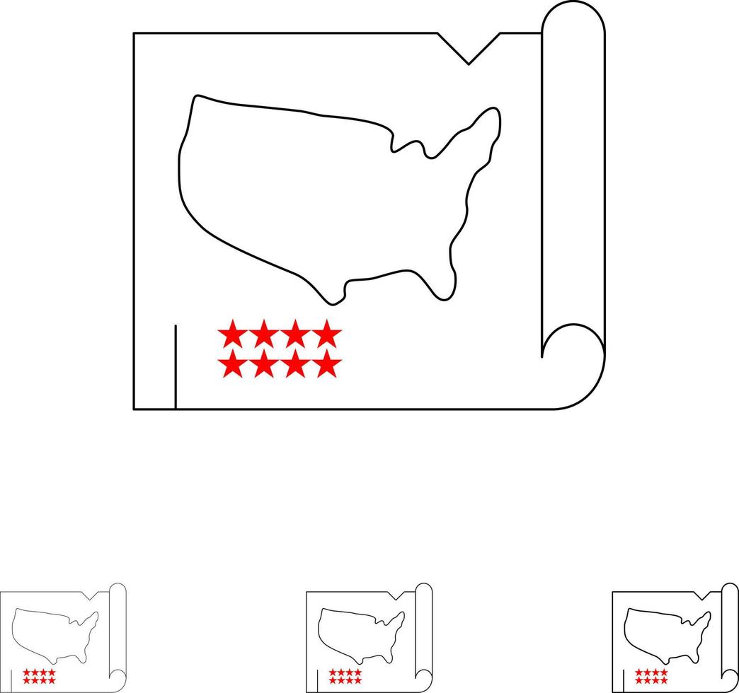 carte états unis usa jeu d'icônes de ligne noire audacieuse et mince vecteur