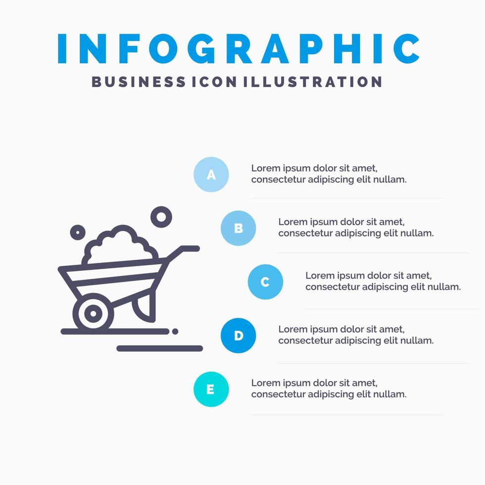 brouette jardin chariot camion brouette ligne icône avec 5 étapes présentation infographie fond vecteur