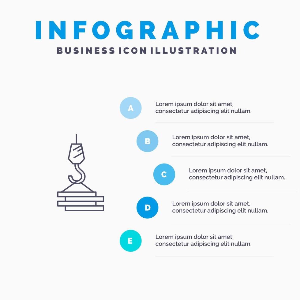 icône de ligne de crochet de port de construction de bâtiment de grue avec 5 étapes présentation fond d'infographie vecteur