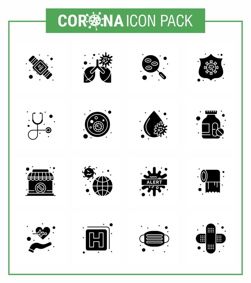 icônes de sensibilisation au coronavirus 16 glyphe solide icône noire virus corona grippe liée comme le diagnostic bouclier test de sauvegarde du sang coronavirus viral 2019nov éléments de conception de vecteur de maladie