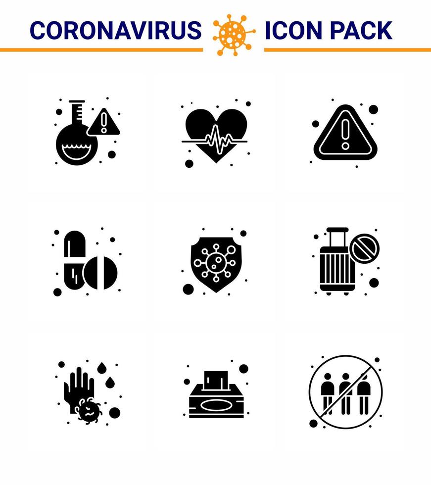 icône de sensibilisation au coronavirus 9 icônes noires de glyphe solide icône incluse capsule de sécurité comprimés d'erreur médecine coronavirus viral 2019nov éléments de conception de vecteur de maladie