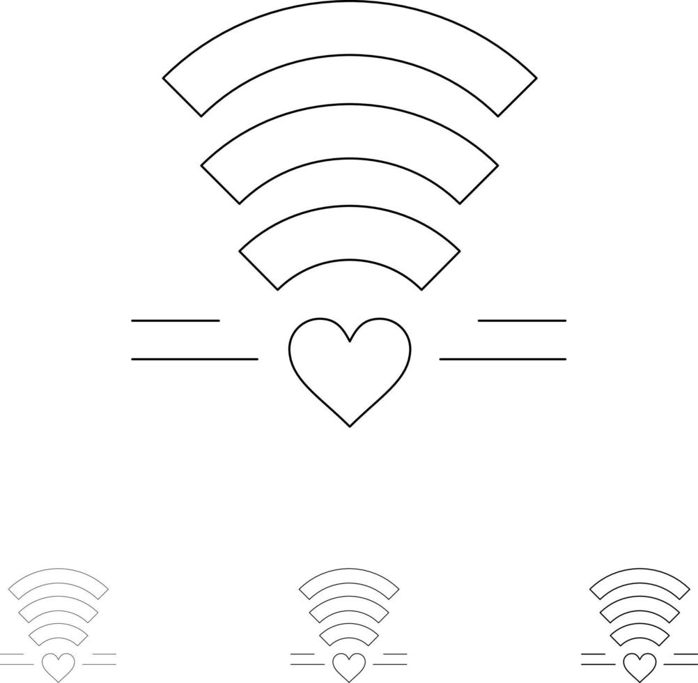 wifi amour coeur de mariage jeu d'icônes de ligne noire audacieuse et mince vecteur