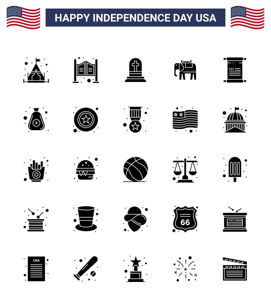 pack d'icônes vectorielles stock de jour américain 25 signes et symboles de glyphe solide pour les états-unis texte tombe défilement américain modifiable usa jour vecteur éléments de conception