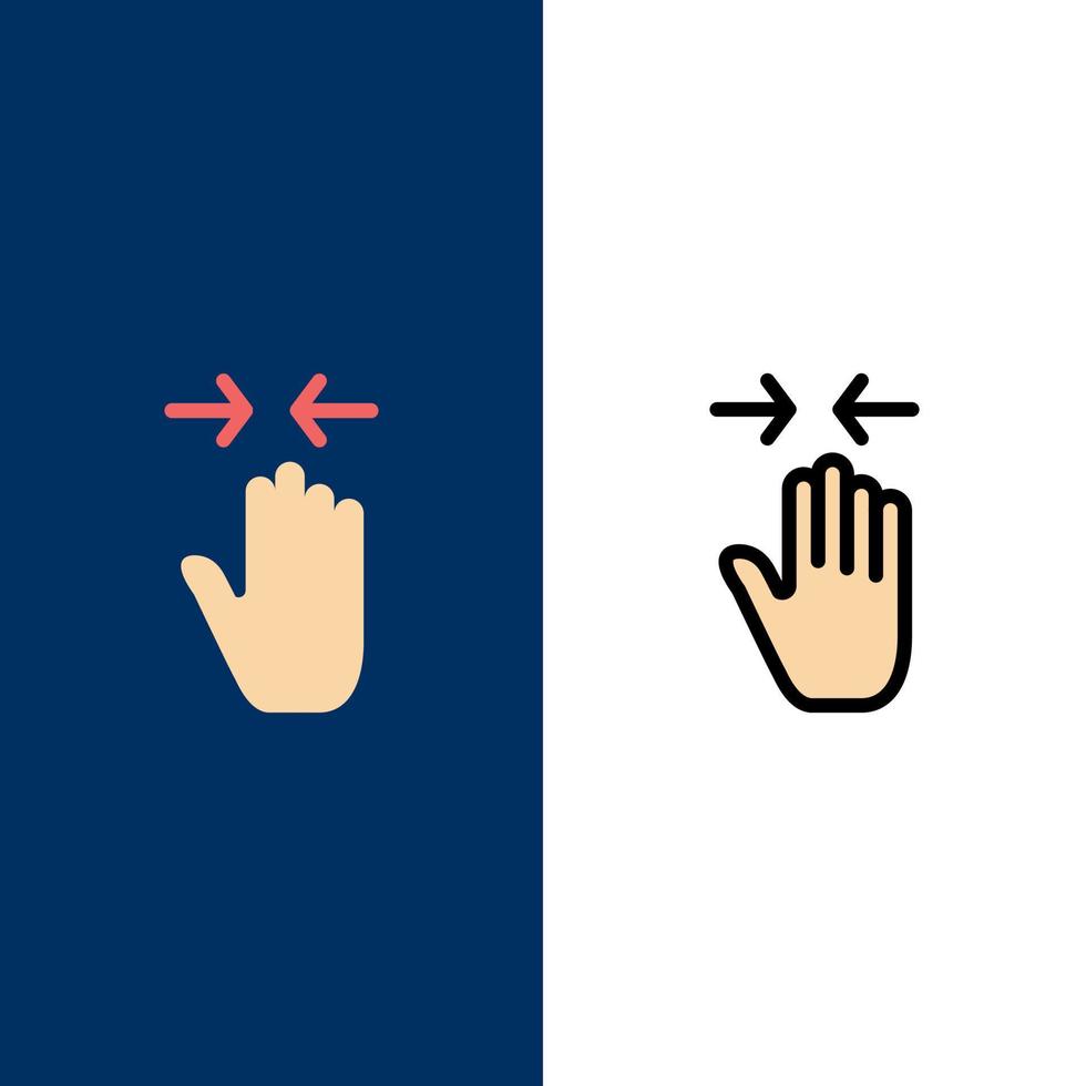 geste de la main pincer la flèche zoomer dans les icônes plat et ligne remplie icône ensemble vecteur fond bleu