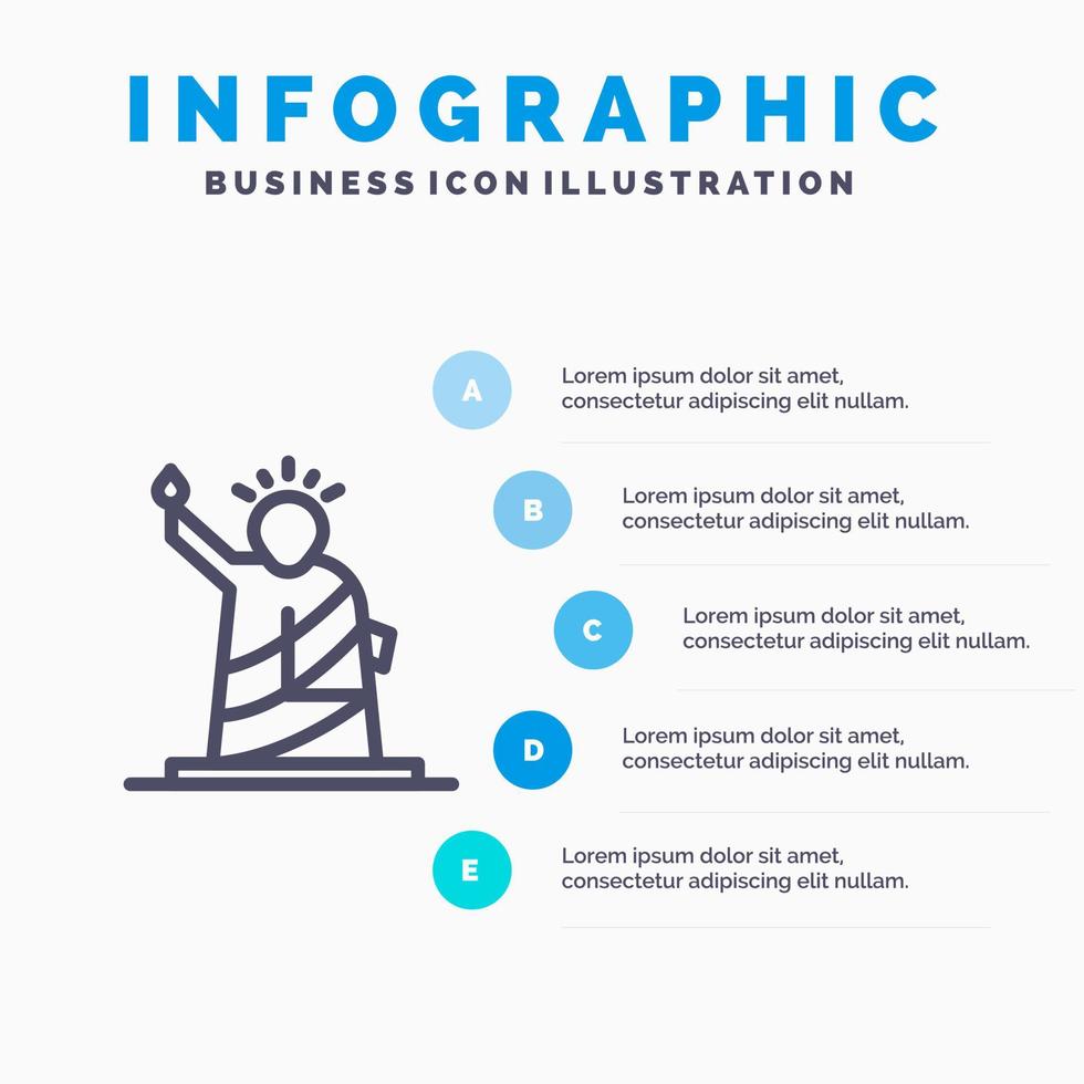 repères liberté de statue usa ligne icône avec 5 étapes présentation infographie fond vecteur