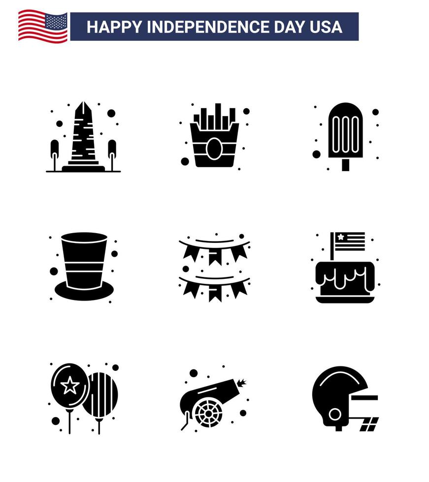 bonne fête de l'indépendance usa pack de 9 glyphes solides créatifs de décoration crème américaine chapeau magique cap modifiable usa day vector design elements