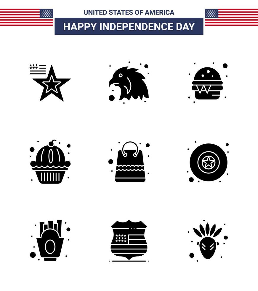 9 usa solide glyphe signes célébration de la fête de l'indépendance symboles de paquets sac rapide gâteau muffin modifiable usa day vector design elements